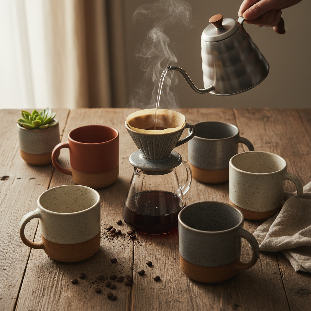 Artisanal ceramic mugs and coffee pour-over set on a rustic wooden table with morning light.