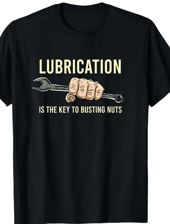 Men's Printed Short Sleeved T-shirt with humorous wrench graphic and text on a black background.