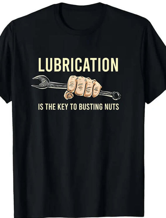 Men's Printed Short Sleeved T-shirt with humorous wrench graphic and text on a black background.